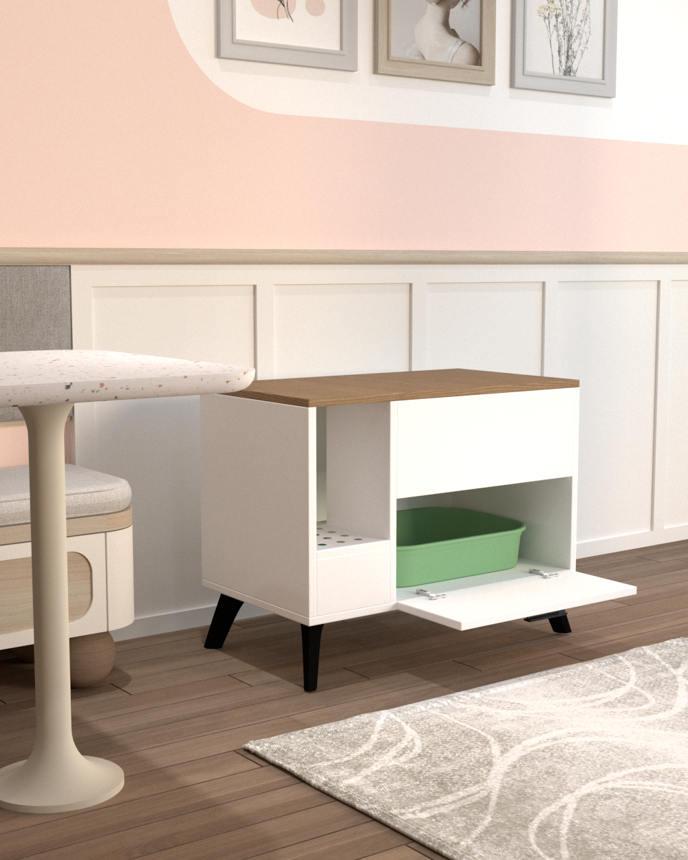 Beyaz Kedi Tuvalet Dolabı | Gizli Girişli %100 MDF